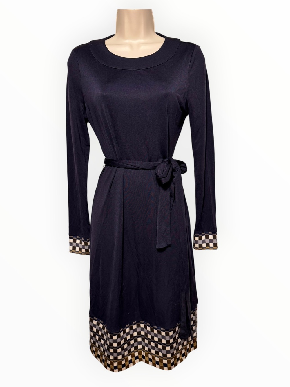 Tory Burch Navy Checkered Hem Belted Long Sleeve 100% Silk Dress Size Small